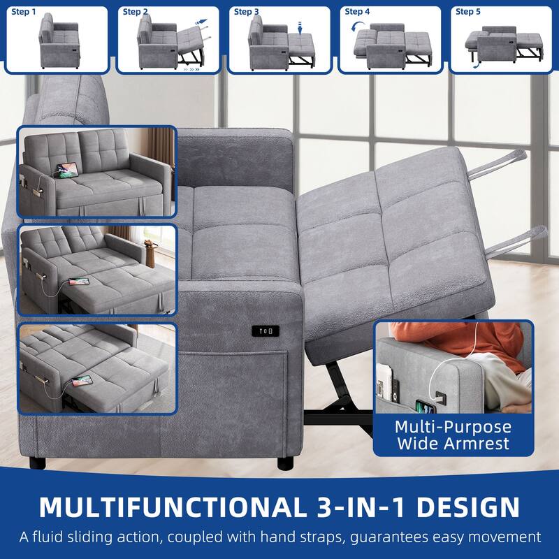 Moasis 3-in-1 Multi-Functional Sleeper Sofa with Iron Frame Pull-Out Bed,Loveseat Bed with USB Port
