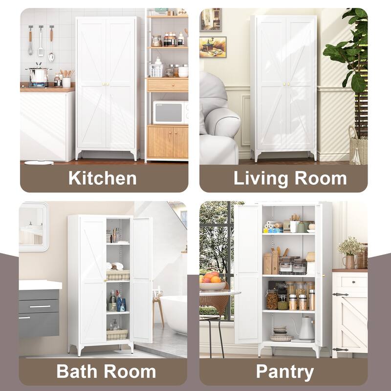 2 Doors Metal Storage Cabinet Kitchen Pantry Cabinet With Adjustable Shelves Tall Steel Cabinet Locker