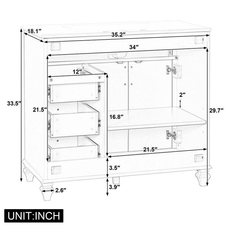 36" Bathroom Vanity with Sink, Cabinet, Flip-Out Drawer, 3 Drawers & 2 Soft-Close Doors
