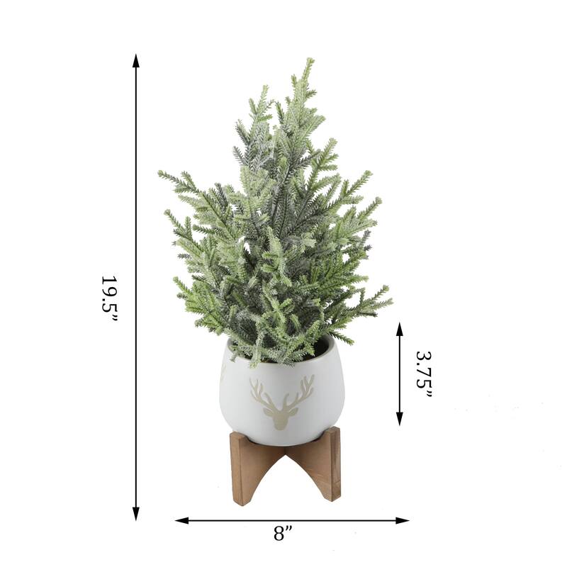 15.75"H Frosted Xmas Tree in 5" Staghead Ceramic on Wood Stand