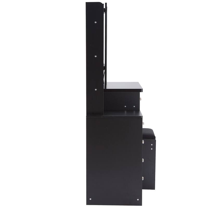 Middle Size Left Bedside Cabinet Dresser Set with LED Sliding Mirror, 2 AC+2 USB Socket and Hair Dryer Stand