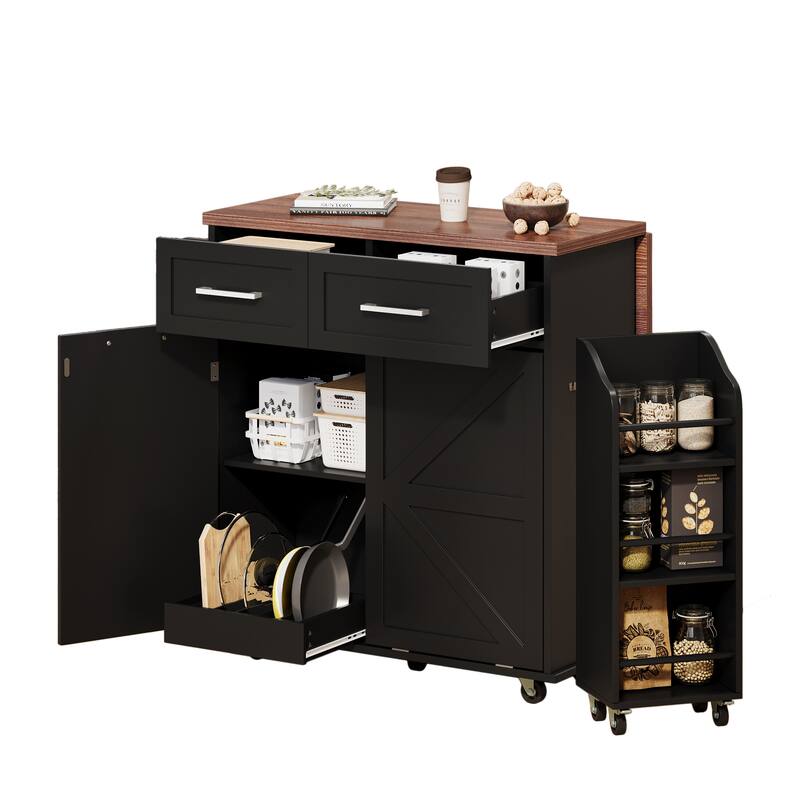 47.2" Farmhouse Kitchen Island with Drop Leaf and Removable Side Racks