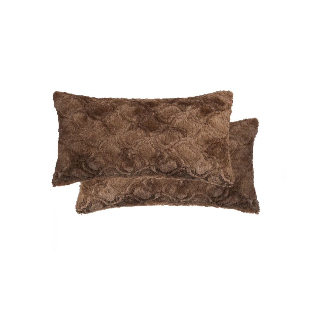 HomeRoots Set of Two 12" X 20" Brown Faux Fur Lumbar Throw Pillows