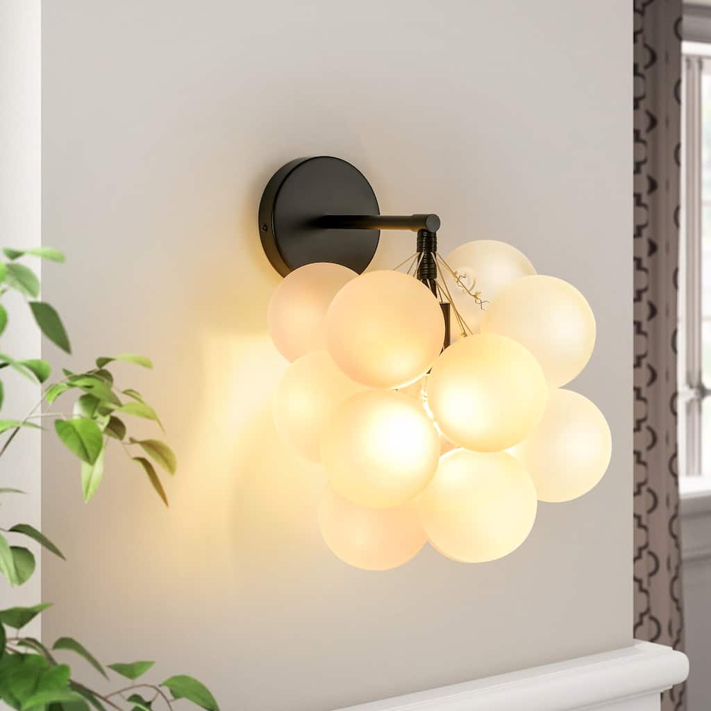 1-Light Modern Glam Dimmable Black Frosted Opal Glass Globe Bubble Wall Light - 11.8 in. W x 11.8 in. H x 14.1 in. D