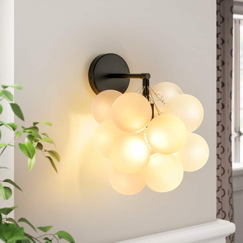 1-Light Modern Glam Dimmable Black Frosted Opal Glass Globe Bubble Wall Light - 11.8 in. W x 11.8 in. H x 14.1 in. D - Black