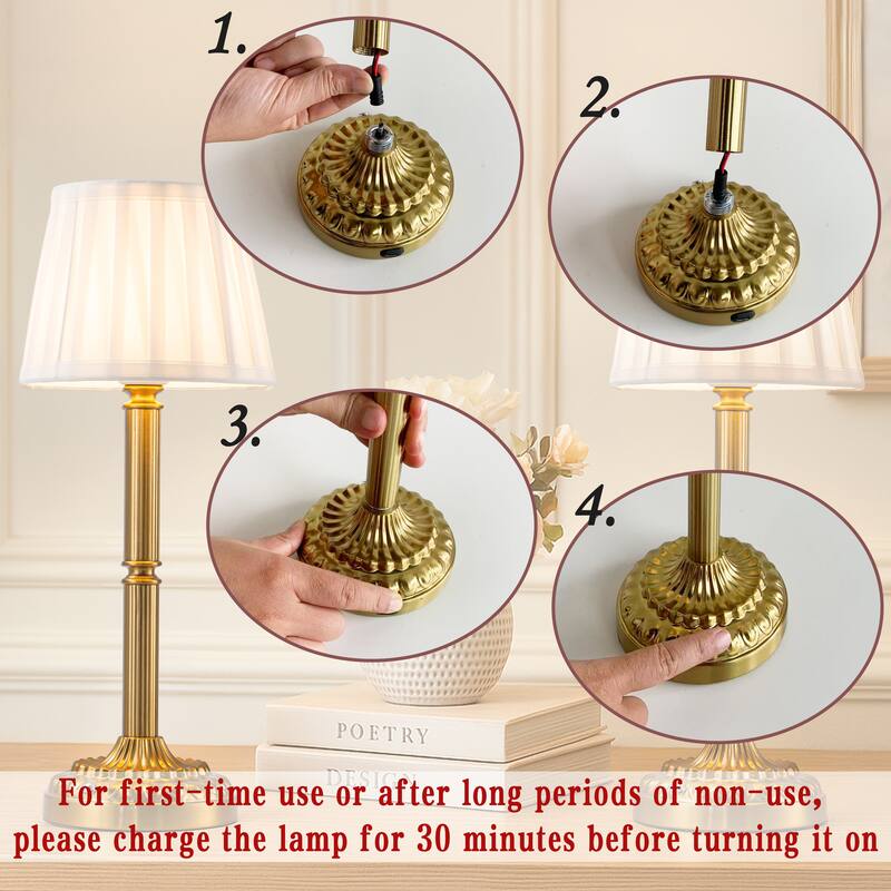 ALOADECOR Glam Cordless Brass Table Lamp Touch Control with 3 Way Classic Elegant Dimmable LED Nightstand Lamp with Fabric Shade