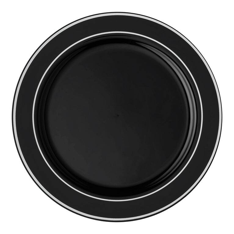 Shiny Round Edge Rim Disposable Plastic Plate Packs - Party Supplies - 120pcs - Salad Plates - Black with Silver Rim