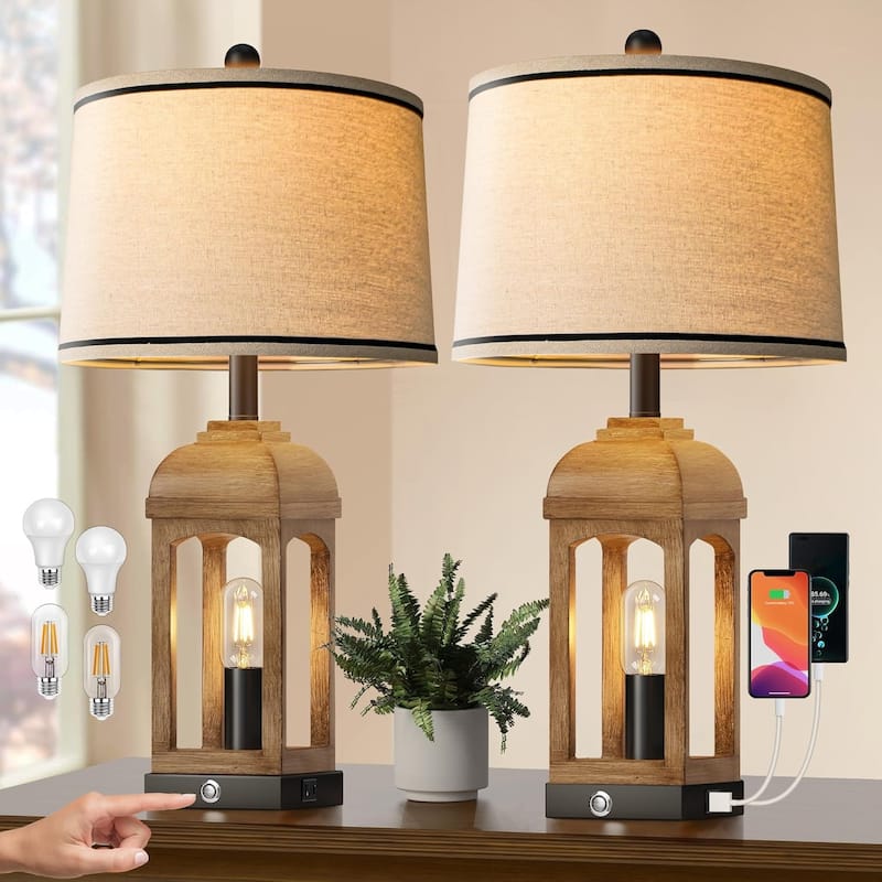 Table Lamp for Living Room, Farmhouse Lamps Set of 2 with USB A+C and Nightlight, 26" Rustic Bedside Lamps with 3-Way Dimmable - Natural Wood Wash