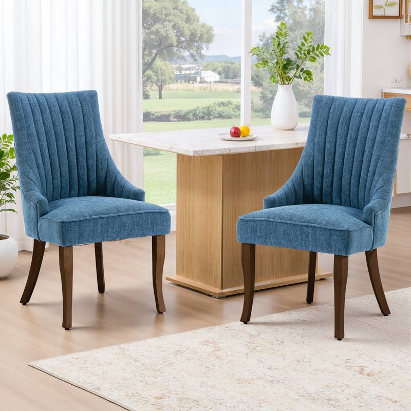 Vintage Linen Upholstered Dining Chairs Set of 2 with Channel Tufted Back & Solid Wood Legs - Blue