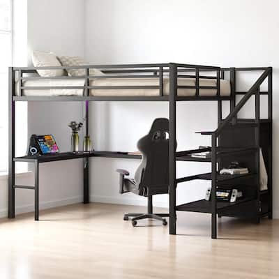 Metal Queen Size Loft Bed with Desk, Built-in Wardrobe, LED Light, USB Ports & Reversible Storage Stairs