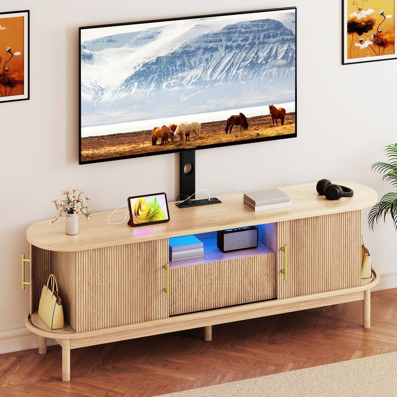 Moasis Mid-Century Modern TV Stand Fluted Entertainment Center with Mount and Drawer 2 Doors Storage Cabinets - Oak - 66"