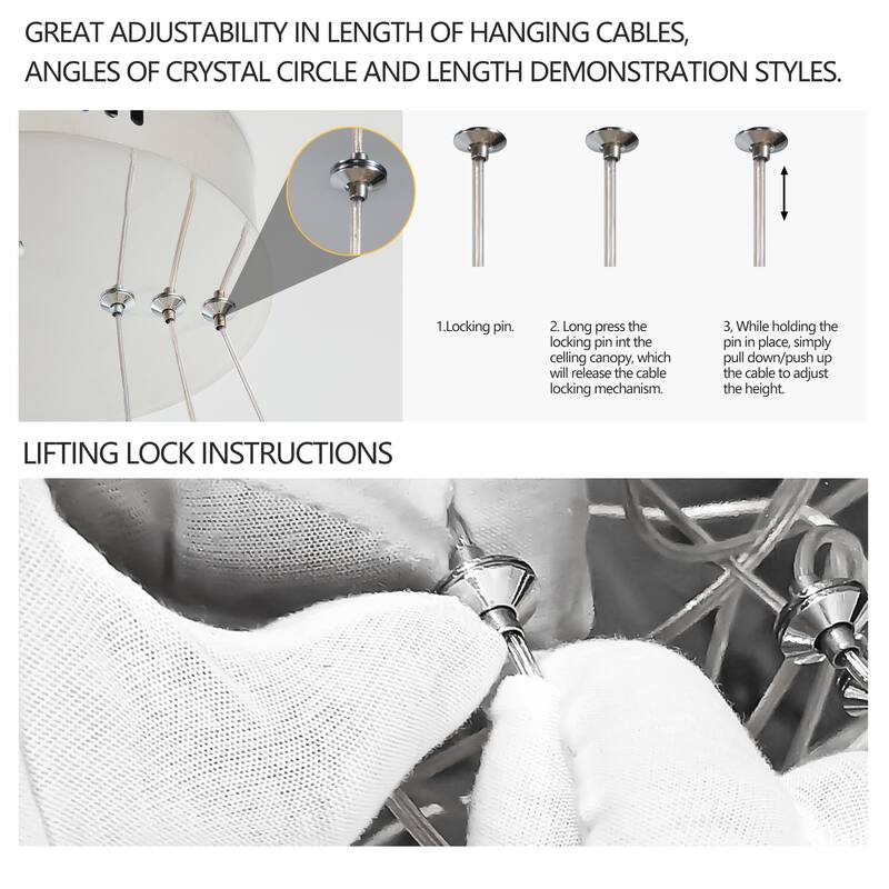 24-inch Crystal Chandelier LED Ceiling Lamp, Adjustable Color Temperature 3000K/4000K/6000K, Height Adjustable - Chrome