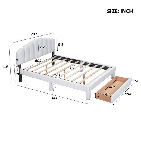 Queen Size Upholstered Platform Bed with Storage Drawer and LED Lights