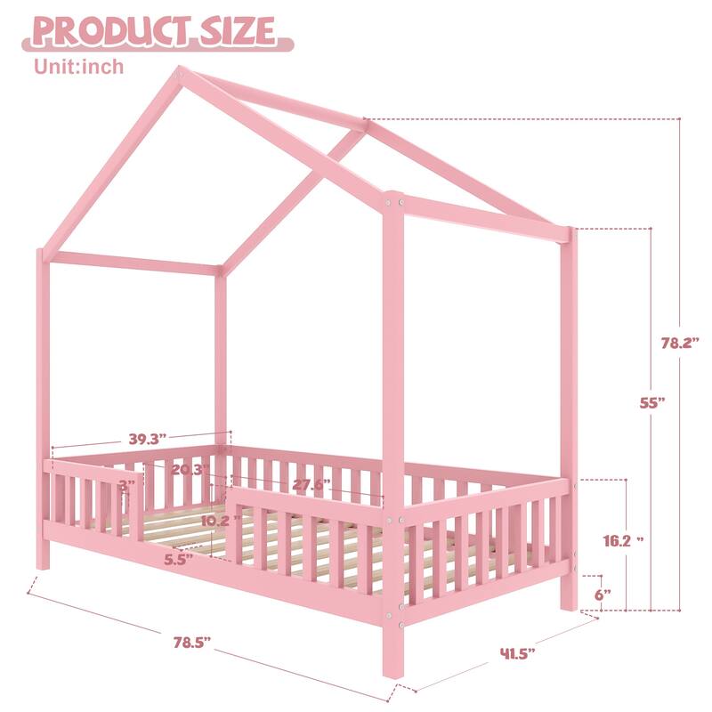 Montessori House Bed with Canopy, Twin/Full Kids Floor Bed Frame with High Railings, Wooden Roof Bed for Toddlers and Children