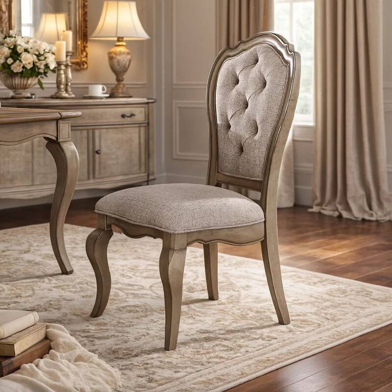 Fabric Upholstered Side Chair with Button Tufting Back, Beige and Gray, Set of Two