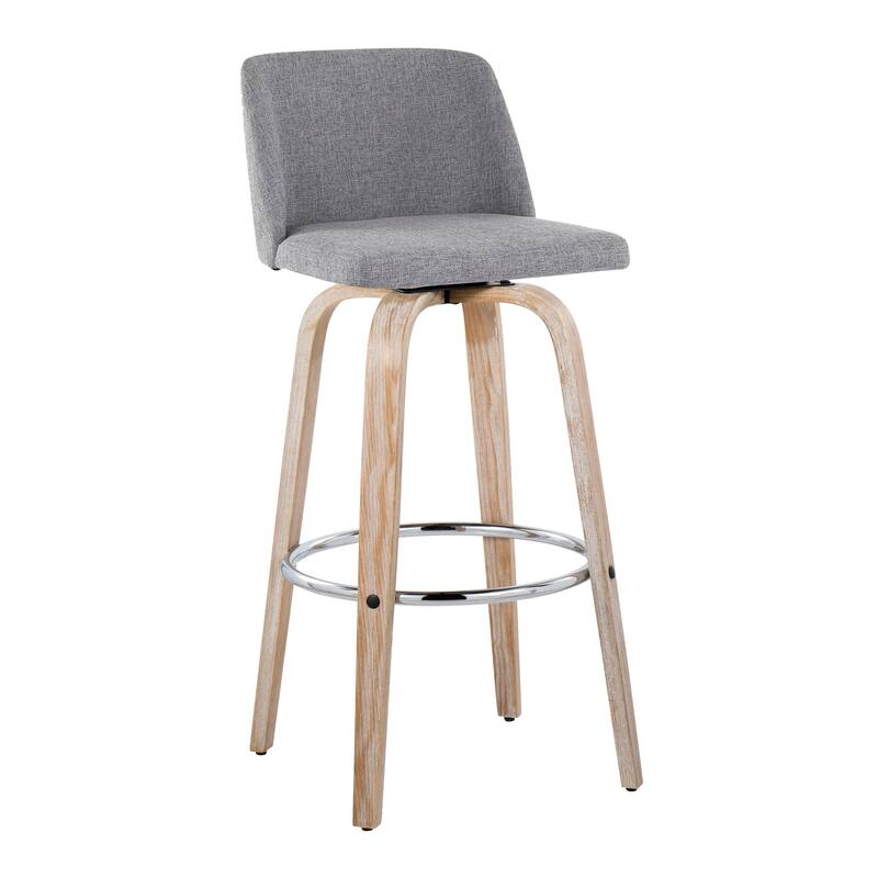The Gray Barn Vallberga 30" Fixed-Height Bar Stool with White Washed Wood Base (Set of 2) - Grey Fabric/Chrome Round Footrest