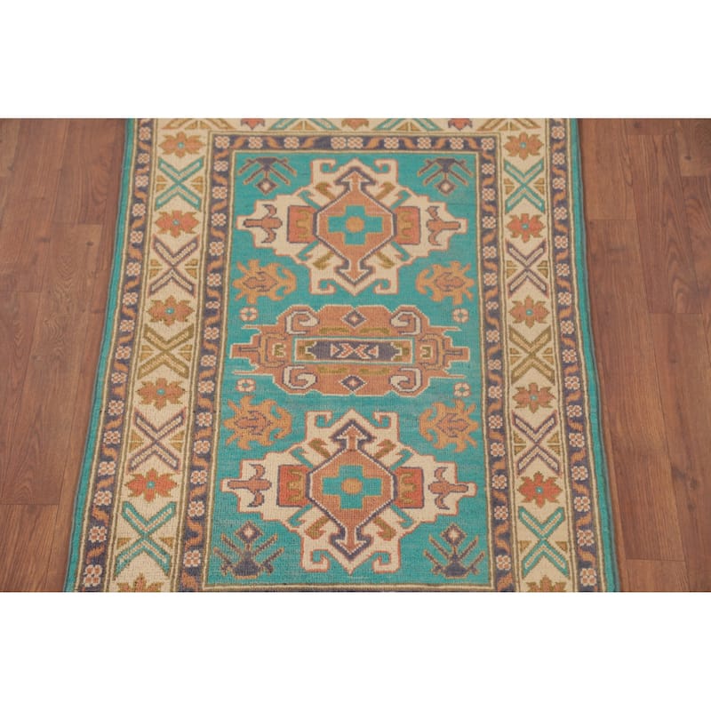 Turquoise Green Kazak Oriental Foyer Rug Handmade Wool Carpet - 2'7" x 4'3"
