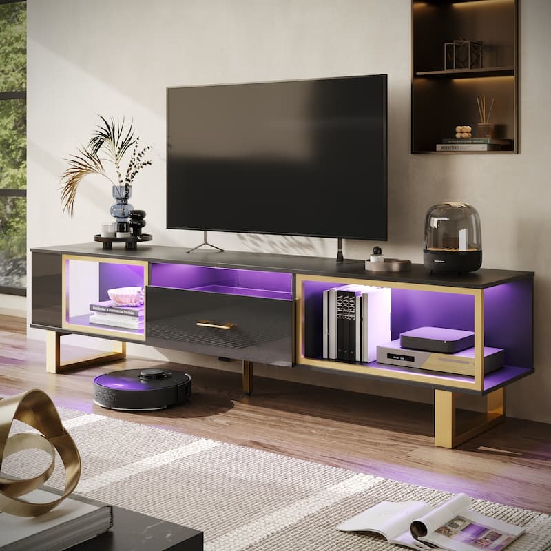 70" Led TV Stand for 75/80 inch TV, Glossy Media Console with Half-Glass Drawer