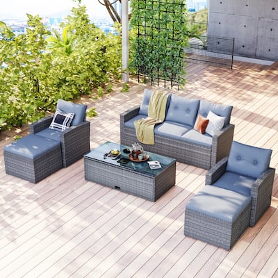 Outdoor All-Weather Wicker Rattan Patio Sectional Sofa Set with Coffee Table and Ottomans