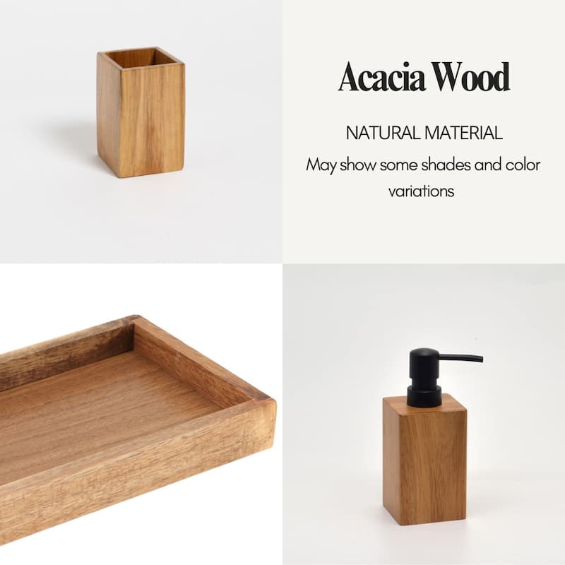 Acacia Bathroom Accessory Set 3-Pieces Rectangular - tumbler, soap dispenser and a rectangular tray