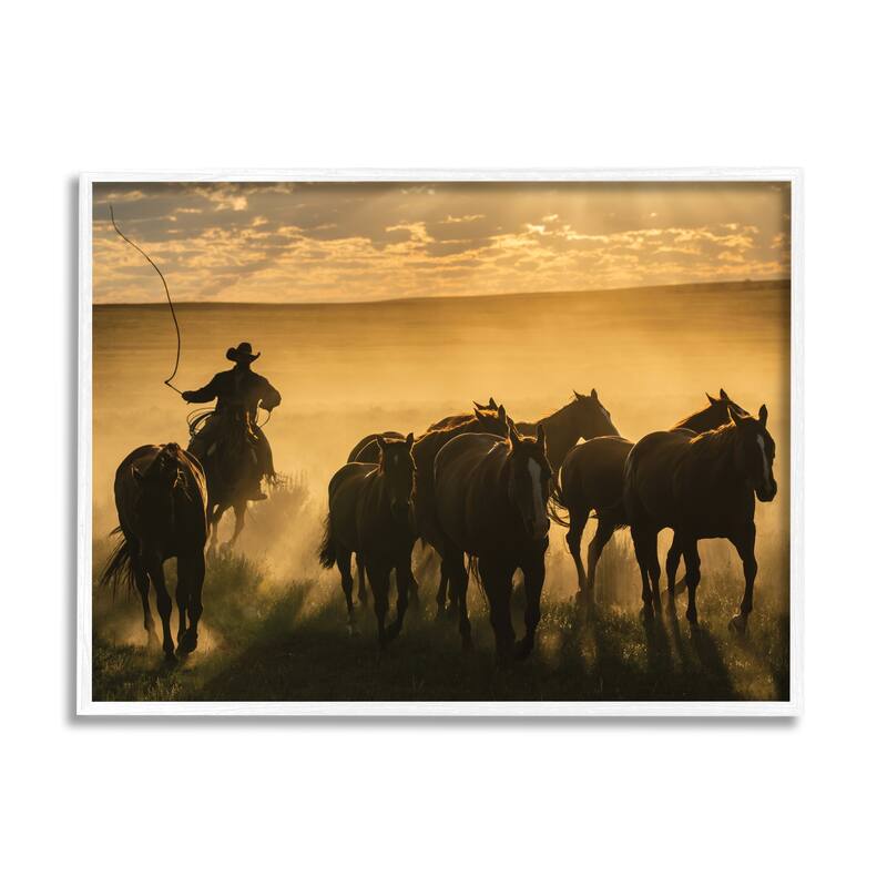 Stupell Cowboy & Horses at Sunset Framed Giclee Art Design by PBurchettePhoto - 14 x 11 - White