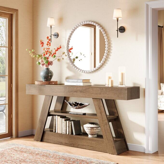 63-Inch Wooden Console Table, Long Entryway Table with Storage Shelves