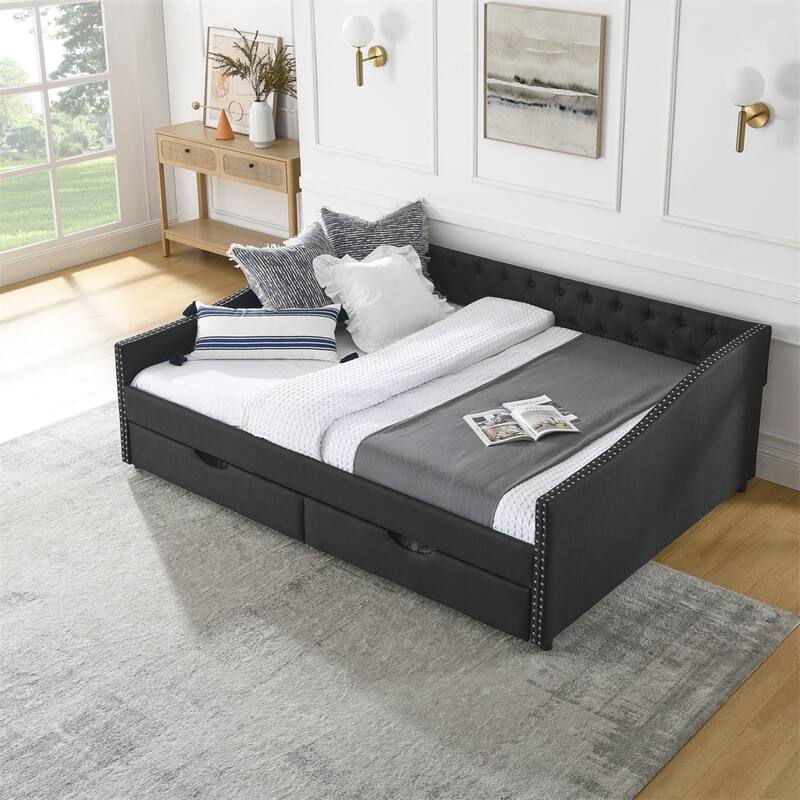 Queen Size Upholstered Tufted Daybed with Drawers and Copper Nail - Black