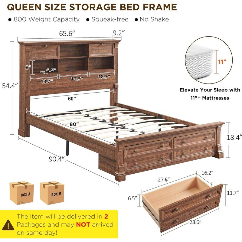Farmhouse Bed Frame with 54" Tall Storage Bookcase Headboard