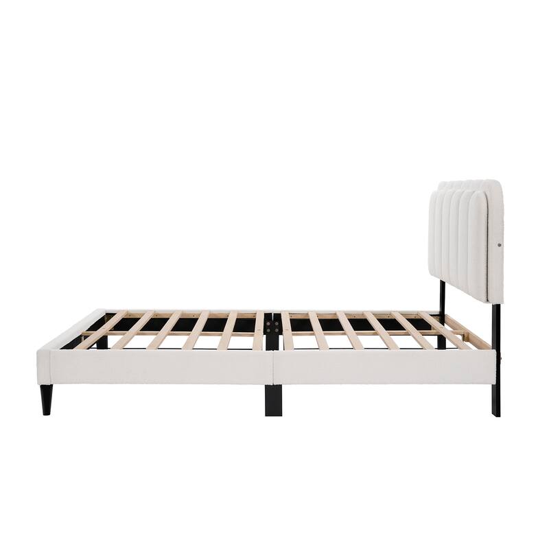 Boucle Fabric LED Bed Frame, Cream Style Upholstered Platform Bed with Lambswool Petal Headboard