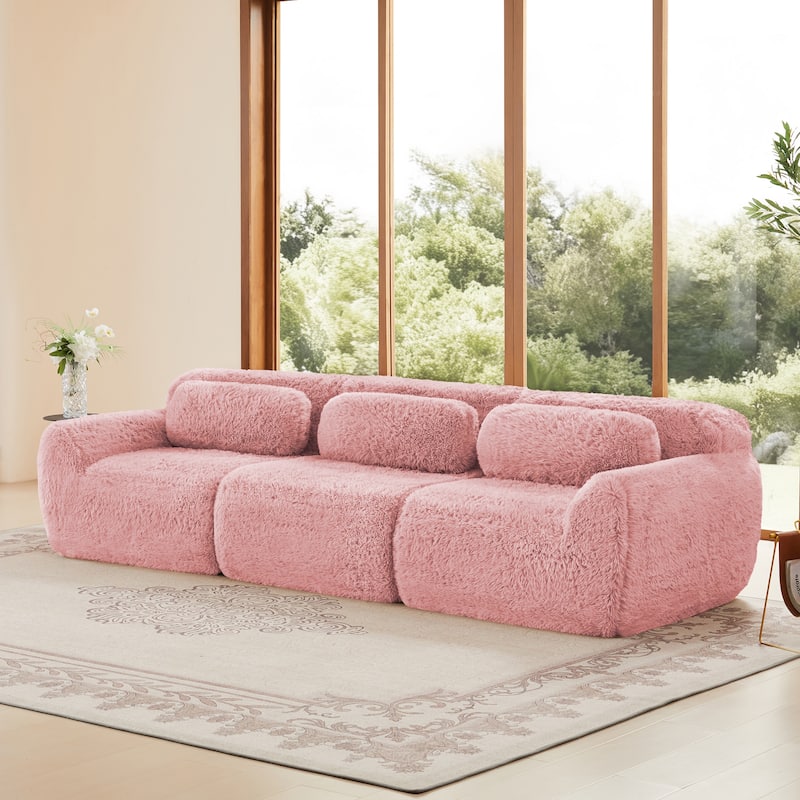 114" Soft And Fluffy Plush Fabric, Modular Sectional Sofa Couches, Ergonomic Design With Ottoman And Throw Pillows