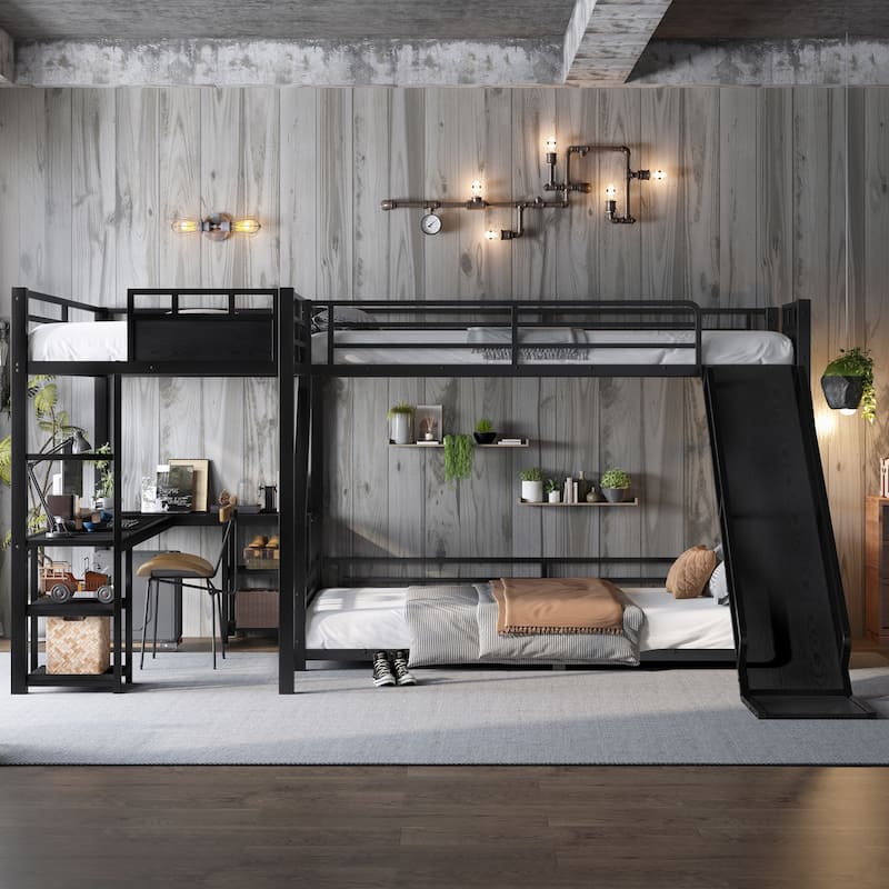 L-shaped Triple Bunk Bed with Loft Bed and Bunk Bed, Metal Storage Bed Frame with Integrated Desk, Open Shelves and Slide - Black - Queen