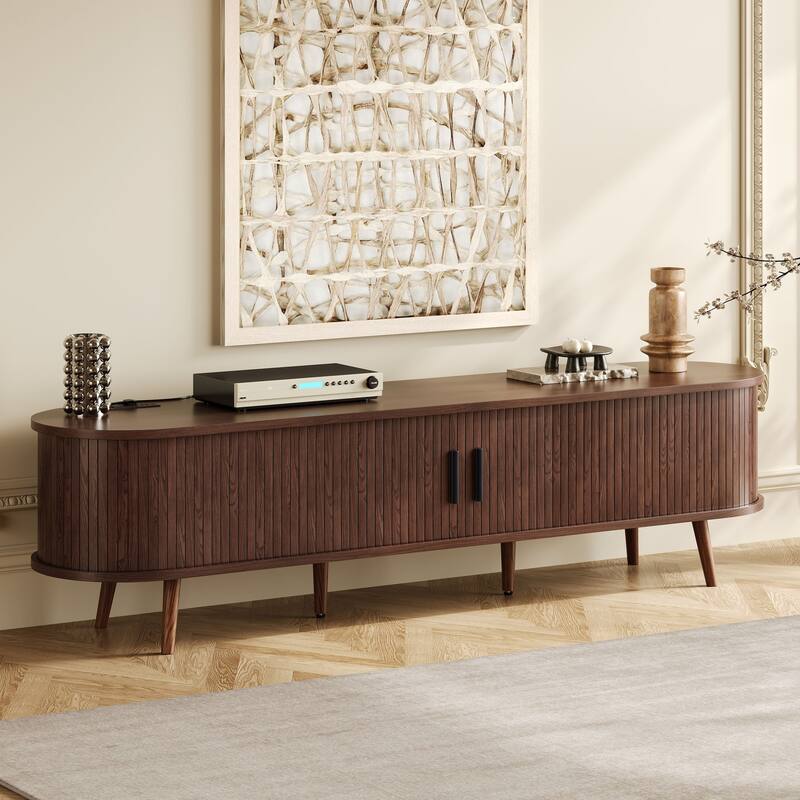 70 Inch Mid Century Modern TV Stand, TV Stand for 80 Inch TV, TV Stand with Tambour Doors, Drawers and Power Outlet