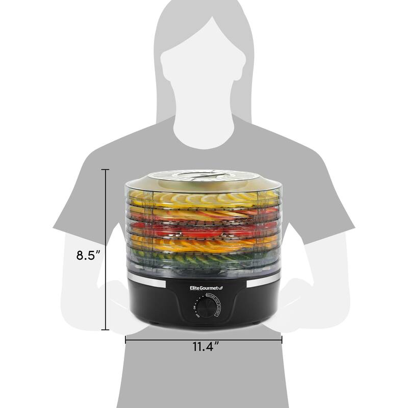 Elite Gourmet Food Dehydrator with Adjustable Temperature Dial and 5 Trays, Black with Clear Trays