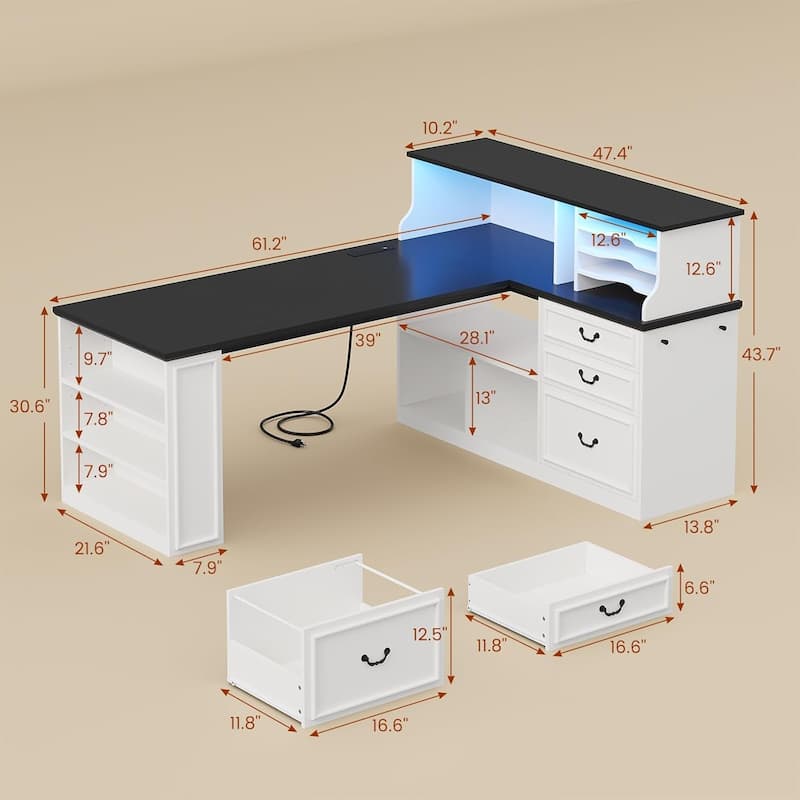 61" Executive Desk Home Office Desk with Drawers L Shaped Computer Desk