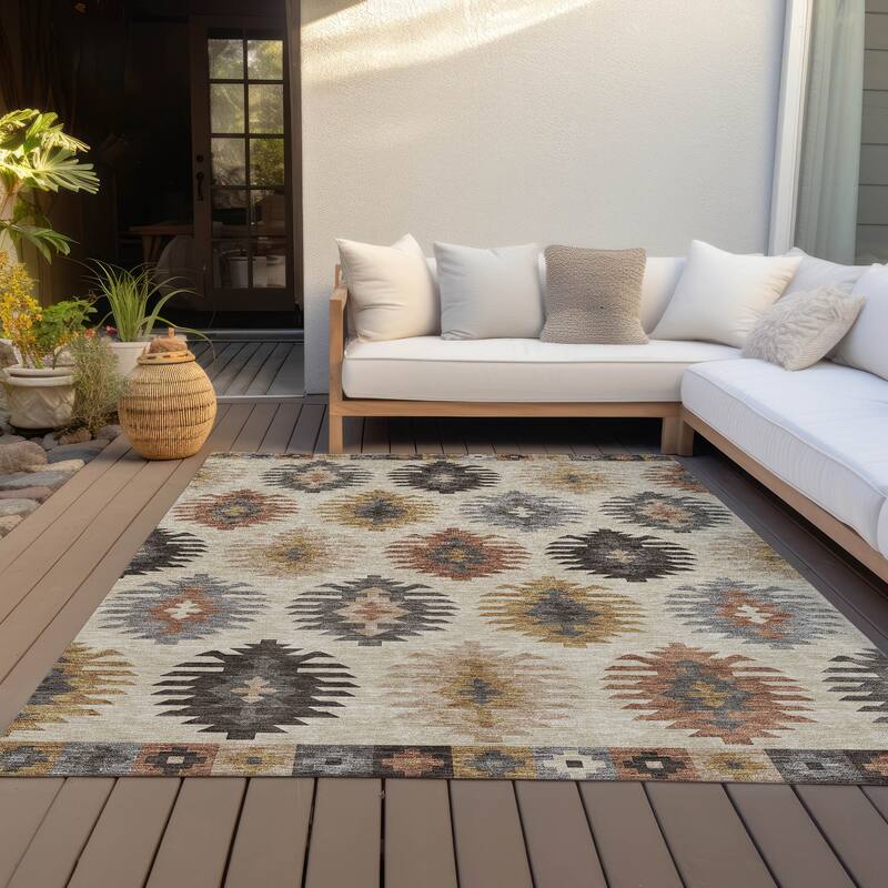 Machine Washable Indoor/ Outdoor Boho Tribal Chantille Rug