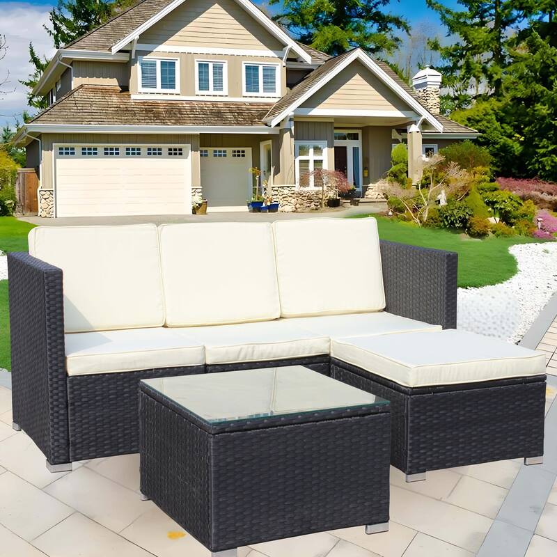 5-Piece Outdoor Rattan Sectional Sofa Set with Coffee Table & Cushions - Black+Beige