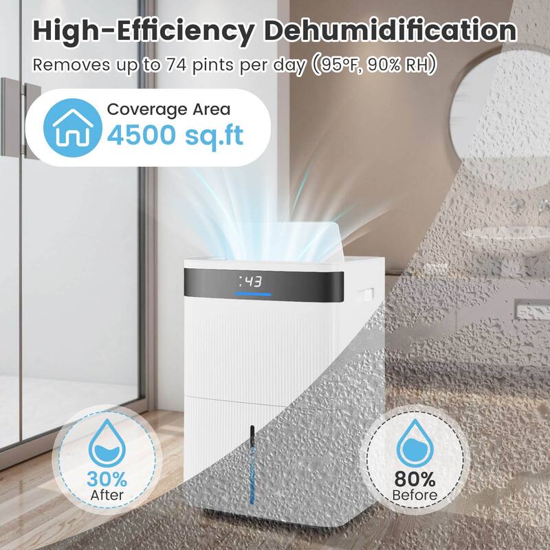 Costway 74 Pints Dehumidifier for Home 4500 Sq.Ft Dehumidifier with - See Details