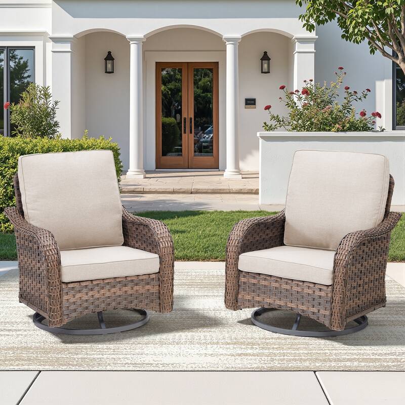 Pocassy Outdoor Patio Furniture Set PE Wicker Sofa Set - Beige Cushion - Brown Wicker - 2 Pieces Swivel Chair