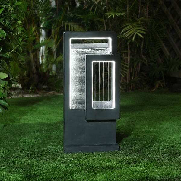 Gray Cement Column Outdoor Fountain with LED Light. Opens flyout.