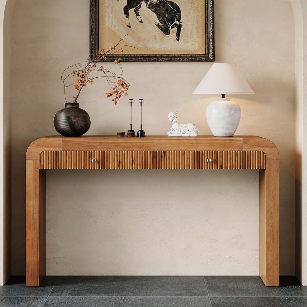 Console Table with Fluted Drawer,Curved Corners,and Thick Legs for Hallway & Living Room