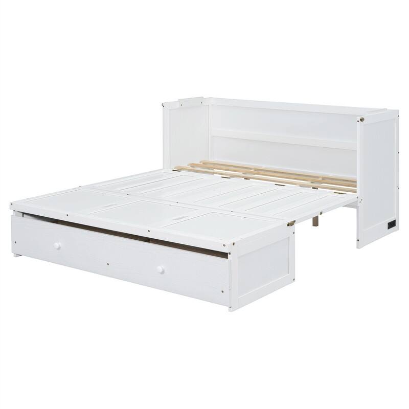 Full/Queen Size Murphy Bed Wall Bed with a Large Storage Drawer and USB Port, Solid Wood Murphy Cabinet Bed, Space Saving Design