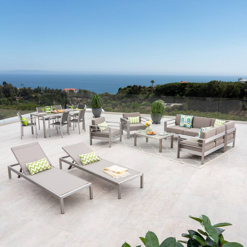 Cape Coral 7 Piece Dining Set and Sofa Set and 2 Club Chairs and 2 Chaise Lounges by Christopher Knight Home - Silver + Gray + Khaki Cushion