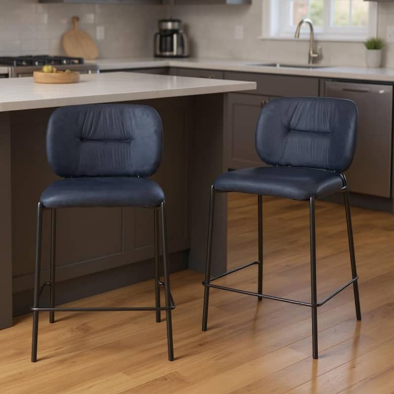 HomeRoots Set of Two 25" Blue and Black Velvet and Steel Counter Height Bar Chairs - Counter Height - Blue - Set of 2