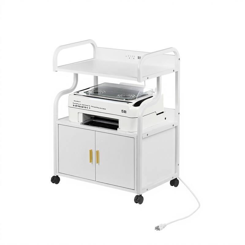 Javlergo 2-in-1 White Rolling Utility Cart with Outlets & USB Ports 3-Tier Open Shelf or 2-Tier with Door Cabinet Office Cart