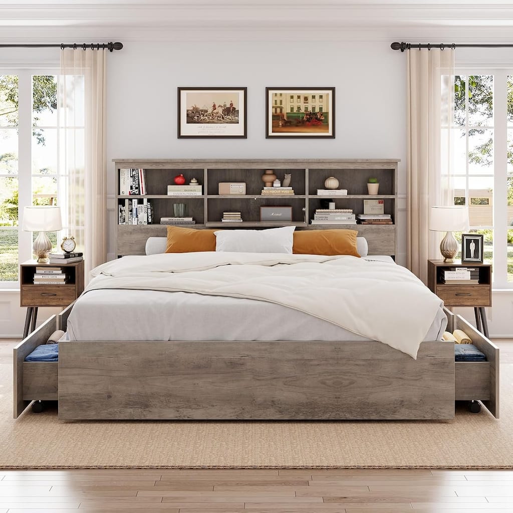 King Platform Bed with Storage Bookcase Headboard & 4 Drawers, Strong Metal Frame, Noise-Free Design