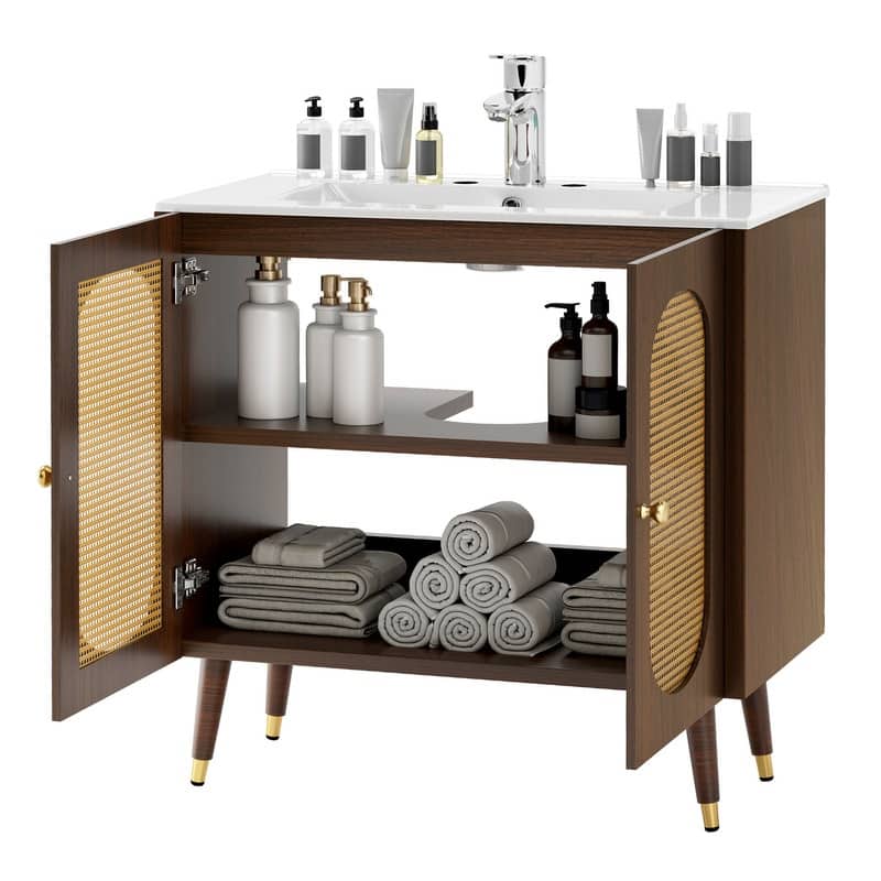 Moasis 24" Bathroom Vanity with Ceramic Sink, Rattan Double Door Cabinet and Drawer, Freestanding Solid Wood Legs