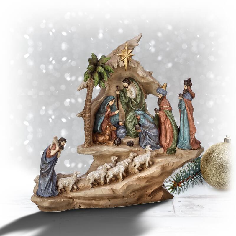 13.5" Resin Stairway Nativity W/Sheep Herd