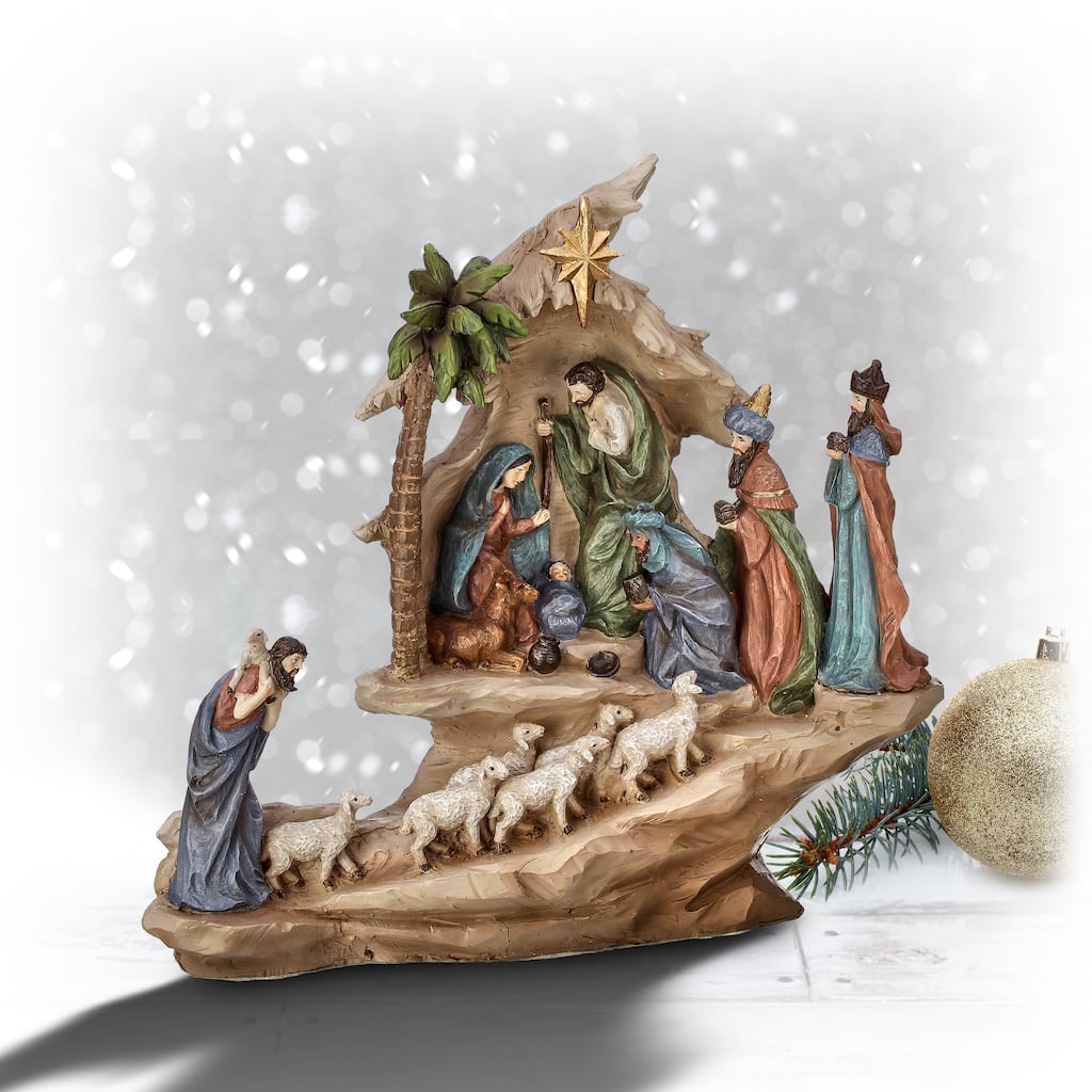 13.5" Resin Stairway Nativity W/Sheep Herd