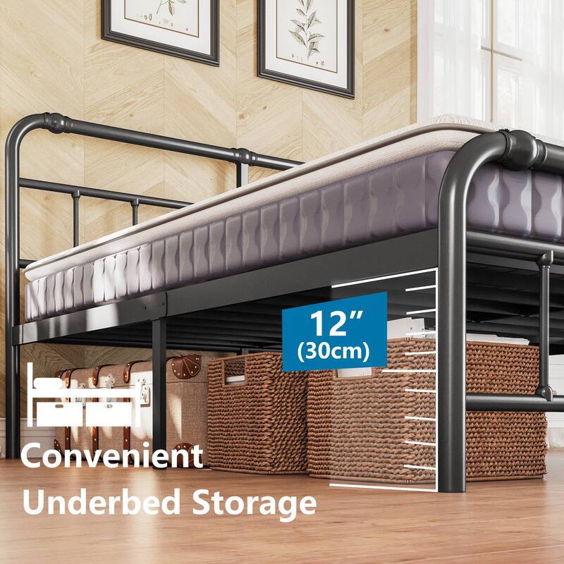 Metal Bed Frame with Victorian Style Wrought Iron-Art Headboard and Footboard