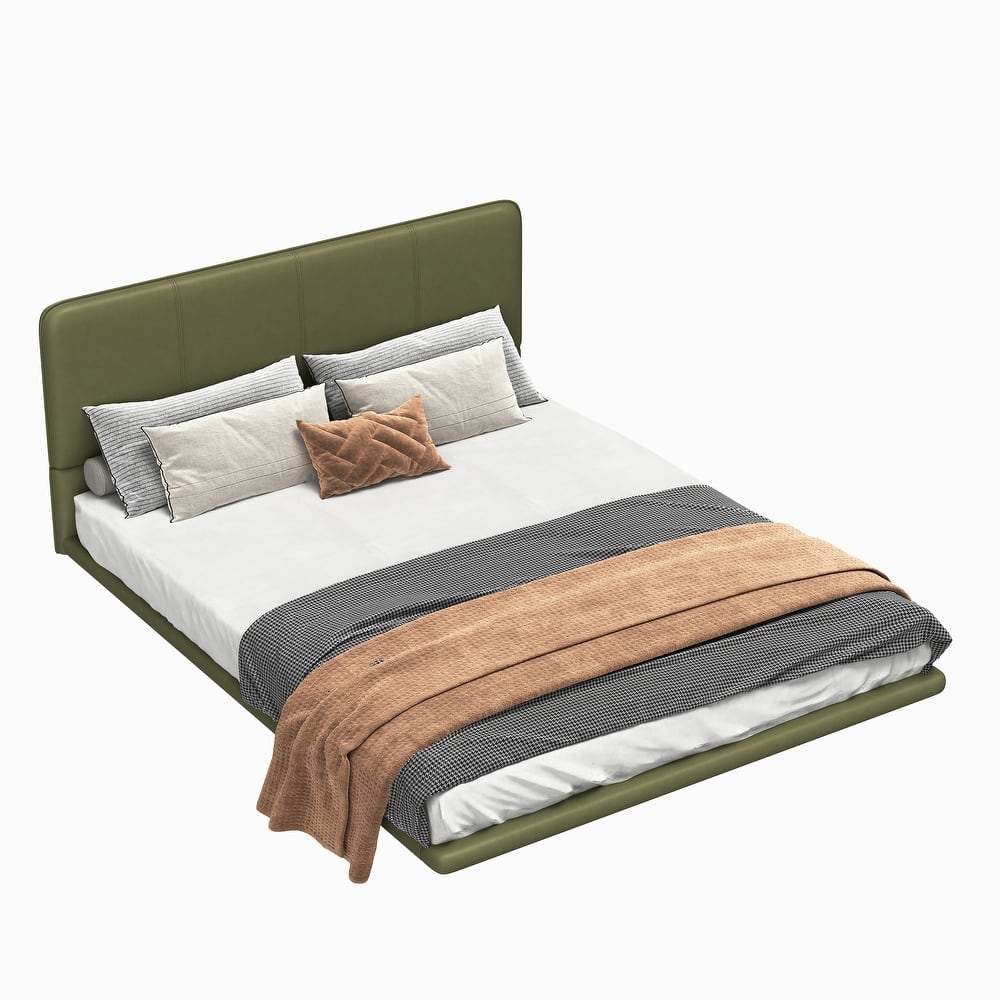 Roomfitters Size Floating Platform Bed Frame with Upholstered Headboard, Modern Faux Leather Bed with Underbed Light